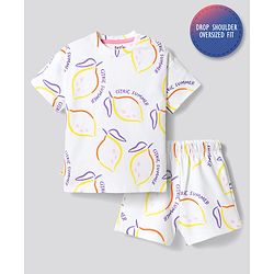Bonfino 100% Cotton Knit Half Sleeves Co-ords T-Shirt & Shorts Night Suit with Lemon Print - White