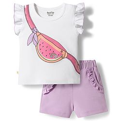 Bonfino 100% Cotton Knit Flutter Sleeves Printed T-Shirt & Shorts Set with Sequins Embroidery- White