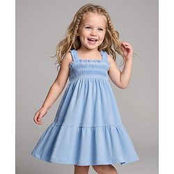 Bonfino 100% Cotton Knit Sleeveless Solid Dress With Smocking Detailing - Blue
