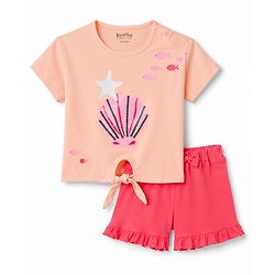 Bonfino 100 % Cotton Knit Half Sleeves Oversized T-Shirt & Shorts Set With Sea Shell Print & Sequin Detailing - Peach & Dark Pink