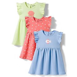 Bonfino 100% Cotton Knit Frill Sleeves Fit & Flared Frocks with Polka Dots & Sea Life Theme Print Pack of 3 - Blue Peach & Green