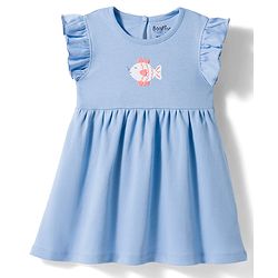 Bonfino 100% Cotton Knit Frill Sleeves Fit & Flared Frocks with Polka Dots & Sea Life Theme Print Pack of 3 - Blue Peach & Green