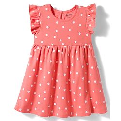 Bonfino 100% Cotton Knit Frill Sleeves Fit & Flared Frocks with Polka Dots & Sea Life Theme Print Pack of 3 - Blue Peach & Green