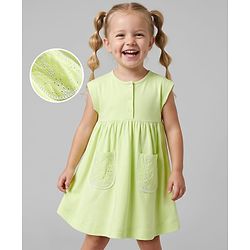 Bonfino 100% Cotton Knit Sleeveless Solid Dress With Extended Shoulder & Schiffli Patch Pockets - Light Green
