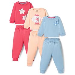Bonfino 100% Cotton Knit Full Sleeves T-Shirt & Pyjama Night Suits With Star & Fish Print Pack of 3 - Dark Pink Blue & Peach