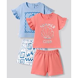 Bonfino 100% Cotton Knit Sea Life Printed Half Sleeves T-Shirts & Shorts Night Suits Pack of 2 - Peach & Light Blue