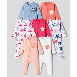 Bonfino 100% Cotton Knit Full Sleeves Sea Life &  Nautical Theme Printed Sleepsuits Pack Of 7 - Multicolour