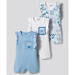 Bonfino 100% Cotton Knit Frill Sleeves Rompers with Sea Animals Print Pack of 3 - Multicolor
