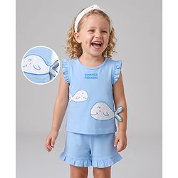 Bonfino 100% Cotton Knit Sleeveless T-Shirt & Shorts Set with Whale Print & 3D Applique - Blue
