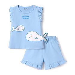 Bonfino 100% Cotton Knit Sleeveless T-Shirt & Shorts Set with Whale Print & 3D Applique - Blue