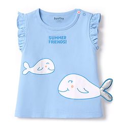 Bonfino 100% Cotton Knit Sleeveless T-Shirt & Shorts Set with Whale Print & 3D Applique - Blue