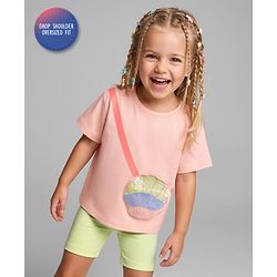 Bonfino 100% Cotton Knit Half Sleeves Oversized T-Shirt & Shorts Set with Shell Applique - Peach