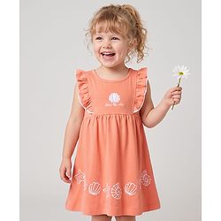 Bonfino 100% Cotton Knit Flutter Sleeves Dress With Sea Animals Print & Embroidery - Pink
