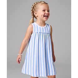 Bonfino 100% Cotton Knit Sleeveless Striped Frock with Frill Detailing - White & Blue