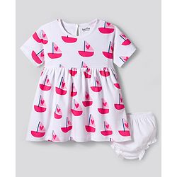 Bonfino 100% Cotton Knit Half Sleeves Frock With Boat Print & Bloomer - White