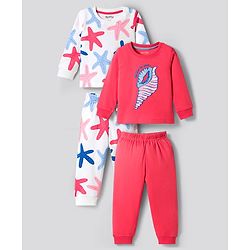Bonfino 100% Cotton Knit Full Sleeves Sea Life Printed & Embroidered T-Shirt & Pyjama Night Suits Pack of 2 - White & Dark Pink