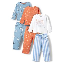 Bonfino Cotton Knit Full Sleeves T-Shirt & Pyjama Co-Ords Night Suit Shell Print Pack of 3 - Blue Peach White