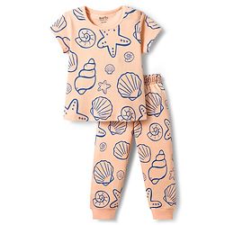 Bonfino 100% Cotton Knit Half Sleeves Sea Life Printed Co-Ords T-Shirt & Pyjama Night Suit - Peach