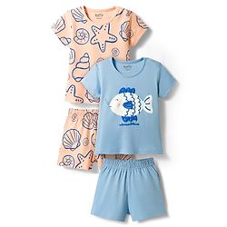 Bonfino 100% Cotton Knit Half Sleeves Sea Life Printed Co-Ords T-Shirt & Shorts Night Suit Pack Of 2 - Peach & Light Blue