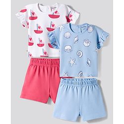 Bonfino 100% Cotton Knit Half Sleeves T-Shirt & Shorts Night Suits with Nautical Theme Print Pack of 2 - Multicolor