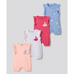 Bonfino 100% Cotton Knit Sleeveless Rompers with Sea Animals Print Pack of 4 - Multicolor