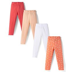 Bonfino 100% Cotton Knit Full Length  Leggings With Polka Dot Print Pack Of 4 - Dark Pink Pink Peach & White