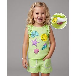 Bonfino 100% Cotton Knit Frill Sleeves Sea Life Printed Tank T-Shirt & Shorts Set With Flip Fabric Applique - Lime Green