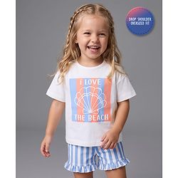 Bonfino 100% Cotton Knit Half Sleeves Oversized T-Shirt & Shorts Set with Seashell Print - White