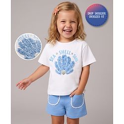 Bonfino 100% Cotton Knit Half Sleeves Oversized T-Shirt & Shorts Set with Sea Shell Applique - White & Blue