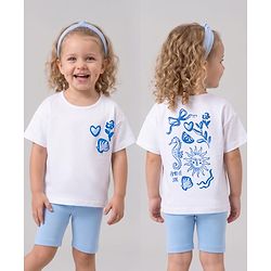 Bonfino 100% Cotton Knit Half Sleeves T-Shirt & Shorts Set With Floral & Heart Print - White & Blue