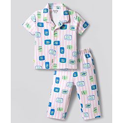 Bonfino 100% Cotton Knit Half Sleeves Shirt & Pyjama Co-ord Night Suit With Fish Print - Light Pink
