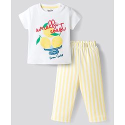Bonfino 100% Cotton Knit Half Sleeves T-Shirt & Pajama Night Suit with Lemon Print & Stripes - White