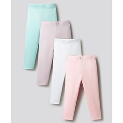 Bonfino 100% Cotton Knit Full Length Solid Colour Leggings Pack of 4 -Pink,White & Blue
