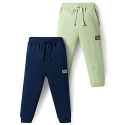 Bonfino 100% Cotton Knit Full Length Solid Colour Joggers with Canvas Badge Pack of 2 - Green & Navy Blue