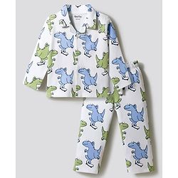 Bonfino 100% Cotton Knit Full Sleeves Dino Printed Co-Ords Shirt & Pyjama Night Suit - White