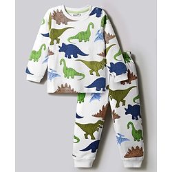 Bonfino 100% Cotton Knit Full Sleeves Dino Printed Co-Ords T-Shirt & Pyjama Night Suit - White