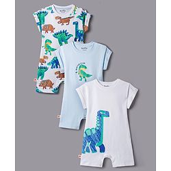 Bonfino 100% Cotton Knit Half Sleeves Rompers With Dino Print Pack of 3 - Multicolor