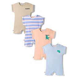 Bonfino 100% Cotton Knit Half Sleeves Striped & Text Printed Rompers Pack of 4 - Beige White & Orange