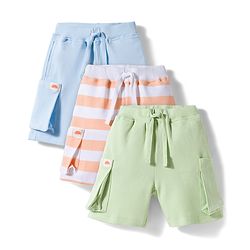Bonfino 100% Cotton Knit Above Knee Length Dino Printed & Striped Cargo Shorts Pack of 3 - White Light Blue & Green