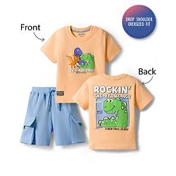 Bonfino 100% Cotton Knit Drop Shoulder Half Sleeves Oversized T-Shirt & Cargo Shorts Set with Front & Back Dino Print - Orange & Light Blue