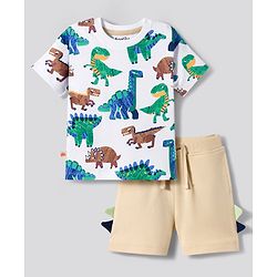 Bonfino 100% Cotton Knit Drop Shoulder Half Sleeves Oversized T-Shirt & Shorts Set With Dino Print & 3D Spikes - White & Beige