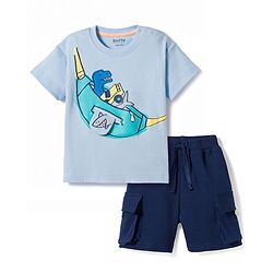 Bonfino 100% Cotton Knit Drop Shoulder Oversized Half Sleeve Dino Sea Life Printed T-Shirt & Cargo Shorts Set - Light Blue & Navy
