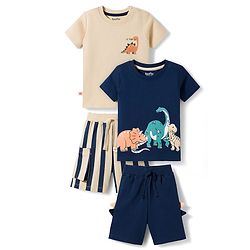 Bonfino 100% Cotton Knit Half Sleeves T-Shirts & Cargo Shorts Sets With Dino Print & Applique Pack of 2 - Navy Blue & Beige