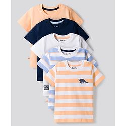 Bonfino 100% Cotton Knit Half Sleeves Dino Printed & Striped T- Shirts With Chest Patch Pocket Pack Of 5 -Multicolour