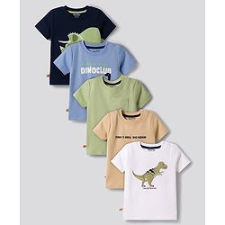 Bonfino 100% Cotton Knit Half Sleeves T-Shirts with Chest Dino Print & Pocket Pack of 5 - White Navy & Beige