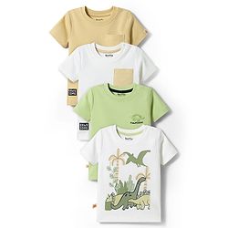 Bonfino 100% Cotton Knit Printed Half Sleeves Dino Printed T- Shirts With Chest Patch Pocket Pack Of 4 - Multicolour
