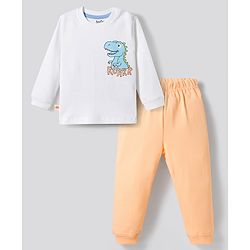 Bonfino 100% Cotton Knit Dino Printed Full Sleeve T-Shirt & Pyjama Night Suit  - White & Peach
