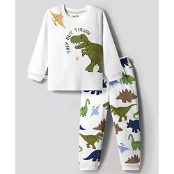 Bonfino 100% Cotton Knit Full Sleeves Dino Printed T-Shirt & Pyjama Night Suit - White