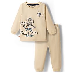 Bonfino 100% Cotton Knit Full Sleeves T-Shirt & Pyjama Night-Suit With Dino Print - Beige