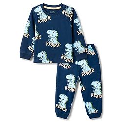 Bonfino 100% Cotton Knit Full Sleeves T-Shirt & Pyjama Co-ord Night Suit with Dino Print - Navy Blue